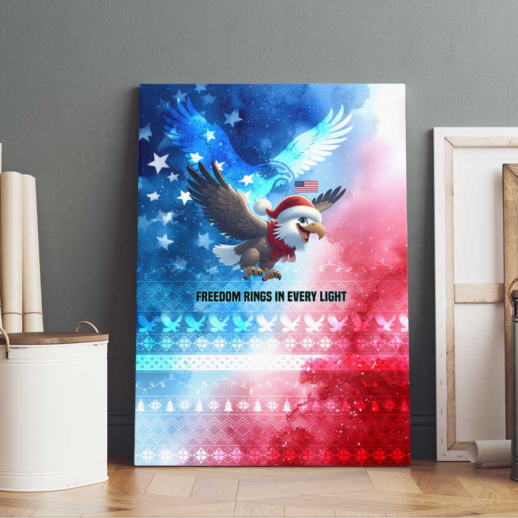USA Christmas Canvas Wall Art with Santa Eagle Red White Blue Snowflake Pattern and American Flag - Wonder Print Shop