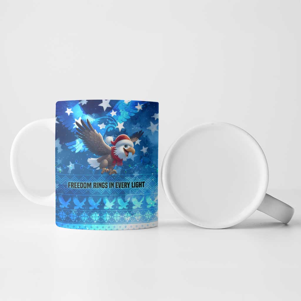 USA Christmas Ceramic Mug with Santa Eagle Red White Blue Snowflake Pattern and American Flag - Wonder Print Shop