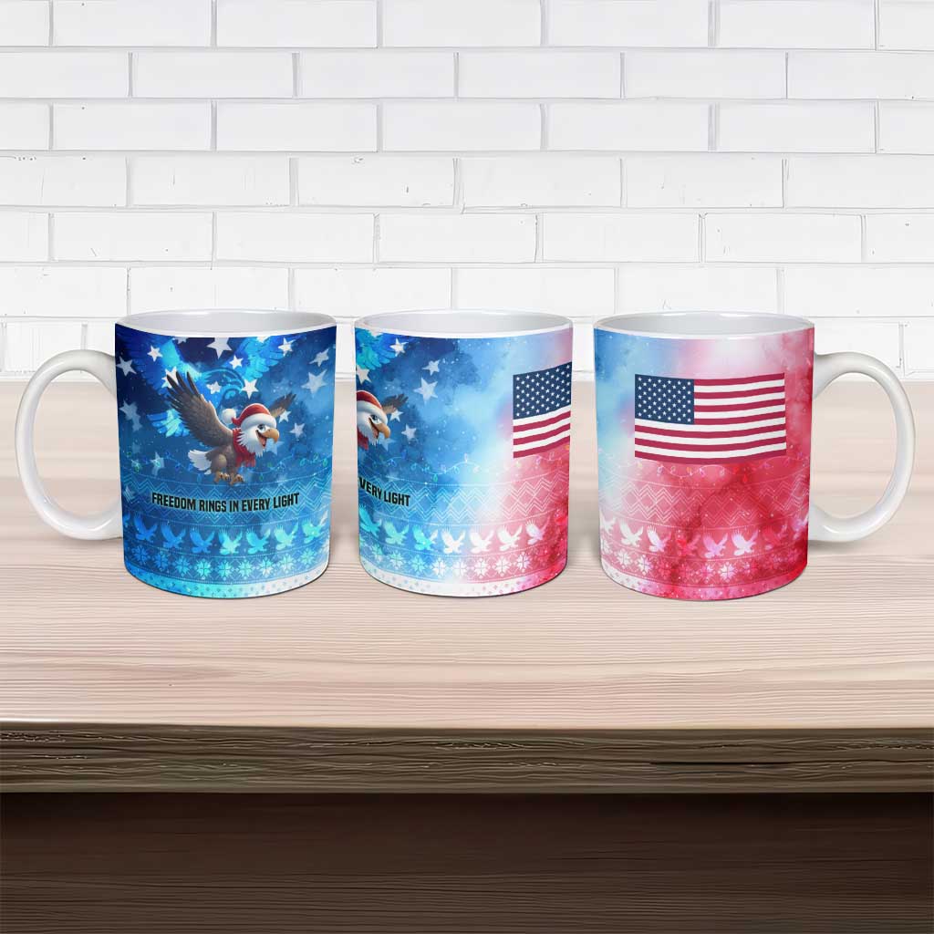 USA Christmas Ceramic Mug with Santa Eagle Red White Blue Snowflake Pattern and American Flag - Wonder Print Shop