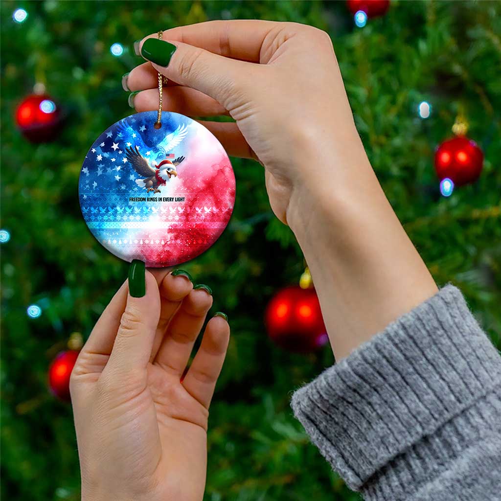 USA Christmas Ceramic Ornament with Santa Eagle Red White Blue Snowflake Pattern and American Flag - Wonder Print Shop
