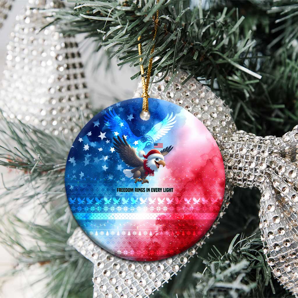 USA Christmas Ceramic Ornament with Santa Eagle Red White Blue Snowflake Pattern and American Flag - Wonder Print Shop