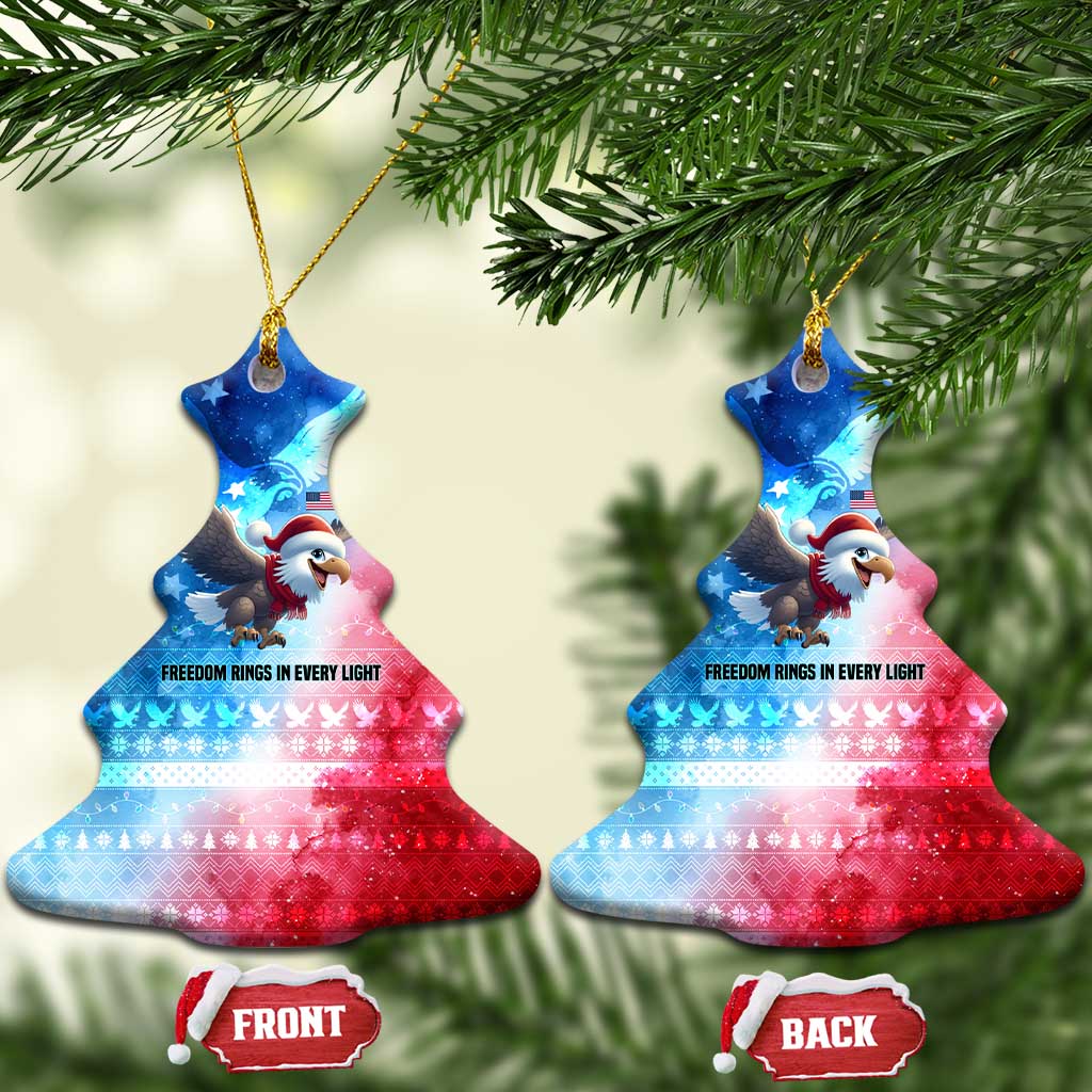 USA Christmas Ceramic Ornament with Santa Eagle Red White Blue Snowflake Pattern and American Flag - Wonder Print Shop