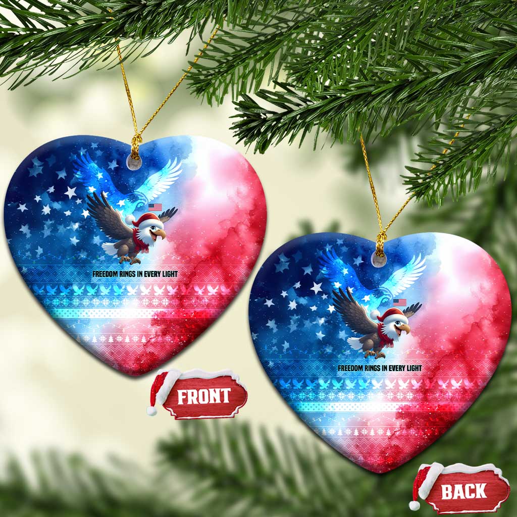 USA Christmas Ceramic Ornament with Santa Eagle Red White Blue Snowflake Pattern and American Flag - Wonder Print Shop