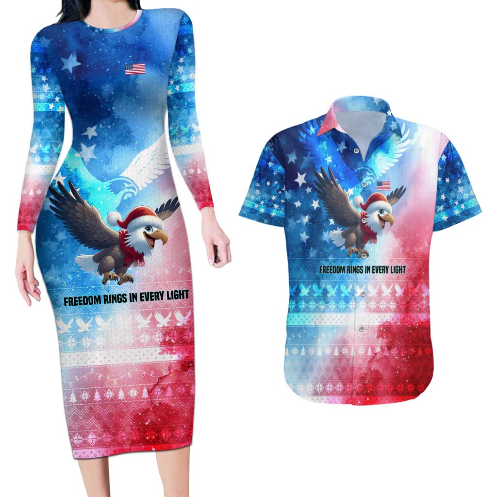 USA Christmas Couples Matching Long Sleeve Bodycon Dress and Hawaiian Shirt with Santa Eagle Red White Blue Snowflake Pattern and American Flag - Wonder Print Shop
