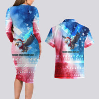USA Christmas Couples Matching Long Sleeve Bodycon Dress and Hawaiian Shirt with Santa Eagle Red White Blue Snowflake Pattern and American Flag - Wonder Print Shop