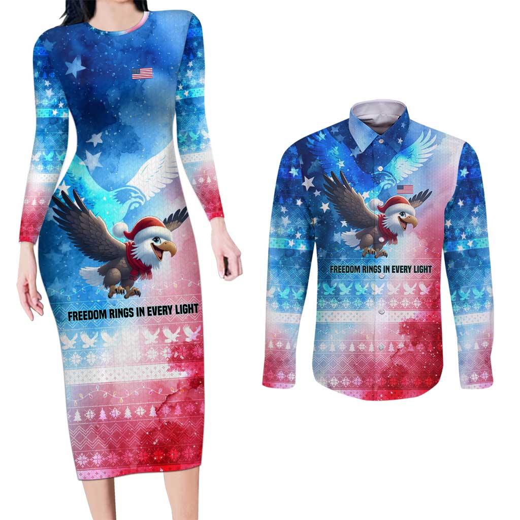 USA Christmas Couples Matching Long Sleeve Bodycon Dress and Long Sleeve Button Shirt with Santa Eagle Red White Blue Snowflake Pattern and American Flag - Wonder Print Shop