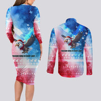 USA Christmas Couples Matching Long Sleeve Bodycon Dress and Long Sleeve Button Shirt with Santa Eagle Red White Blue Snowflake Pattern and American Flag - Wonder Print Shop