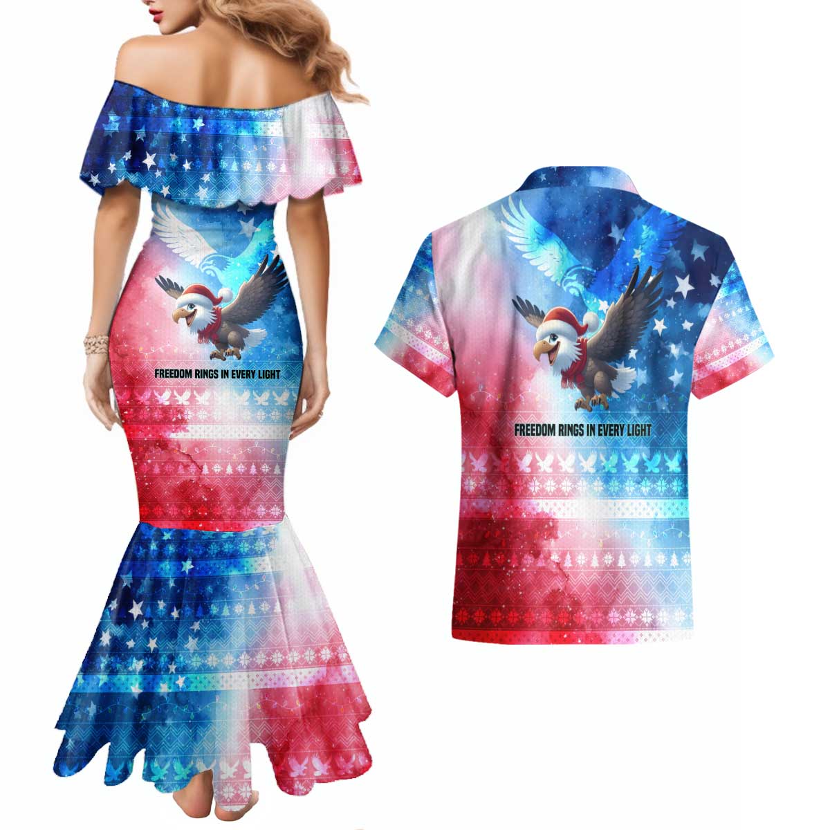 USA Christmas Couples Matching Mermaid Dress and Hawaiian Shirt with Santa Eagle Red White Blue Snowflake Pattern and American Flag - Wonder Print Shop