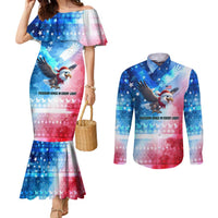 USA Christmas Couples Matching Mermaid Dress and Long Sleeve Button Shirt with Santa Eagle Red White Blue Snowflake Pattern and American Flag - Wonder Print Shop