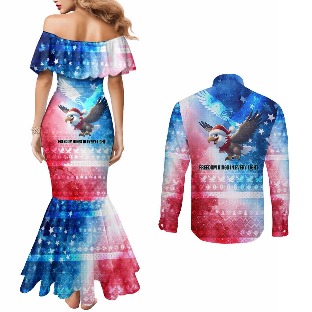 USA Christmas Couples Matching Mermaid Dress and Long Sleeve Button Shirt with Santa Eagle Red White Blue Snowflake Pattern and American Flag - Wonder Print Shop