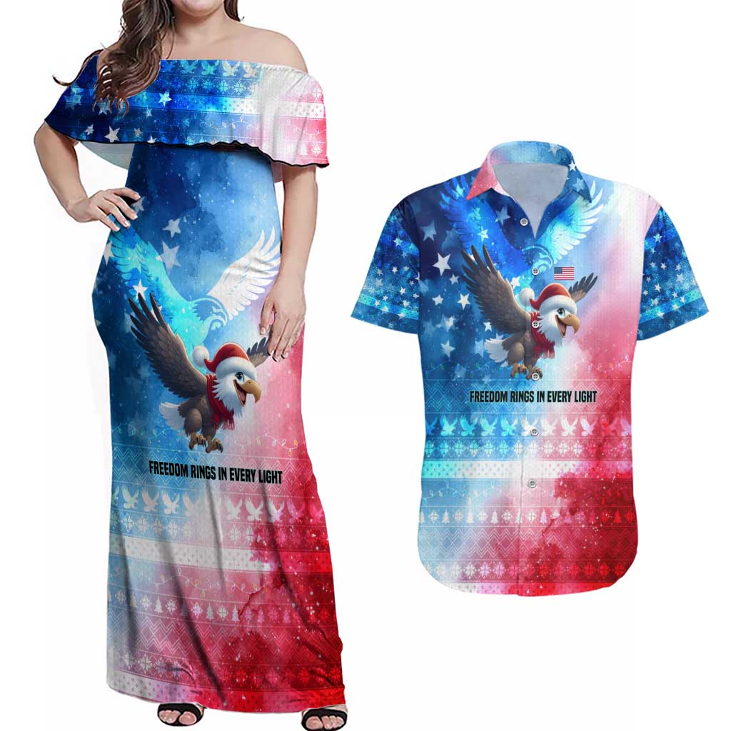 USA Christmas Couples Matching Off Shoulder Maxi Dress and Hawaiian Shirt with Santa Eagle Red White Blue Snowflake Pattern and American Flag - Wonder Print Shop