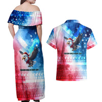 USA Christmas Couples Matching Off Shoulder Maxi Dress and Hawaiian Shirt with Santa Eagle Red White Blue Snowflake Pattern and American Flag - Wonder Print Shop