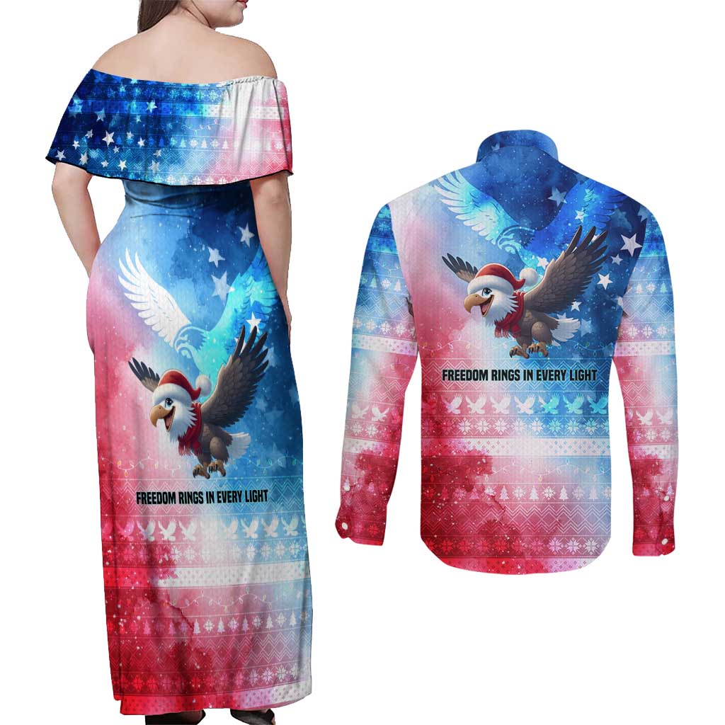 USA Christmas Couples Matching Off Shoulder Maxi Dress and Long Sleeve Button Shirt with Santa Eagle Red White Blue Snowflake Pattern and American Flag - Wonder Print Shop