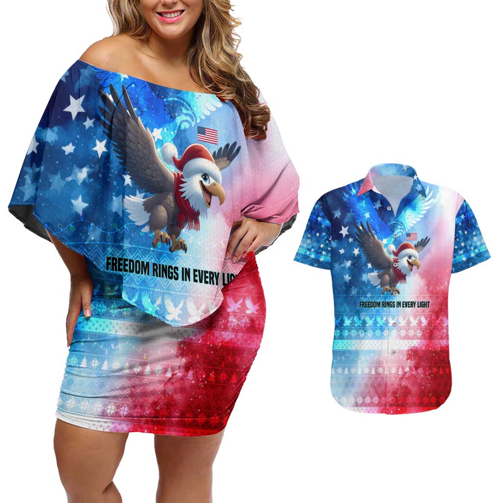 USA Christmas Couples Matching Off Shoulder Short Dress and Hawaiian Shirt with Santa Eagle Red White Blue Snowflake Pattern and American Flag - Wonder Print Shop