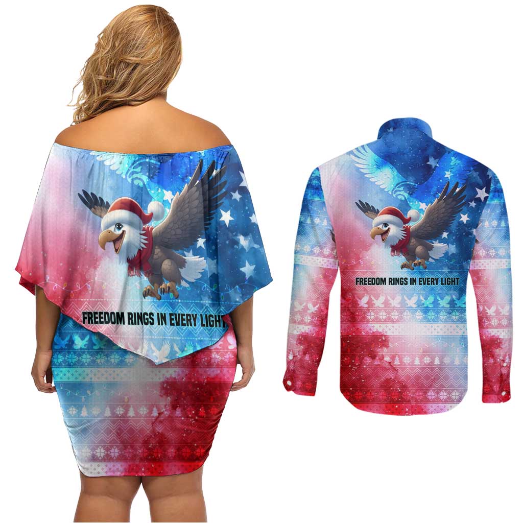 USA Christmas Couples Matching Off Shoulder Short Dress and Long Sleeve Button Shirt with Santa Eagle Red White Blue Snowflake Pattern and American Flag - Wonder Print Shop