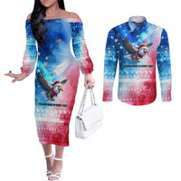 USA Christmas Couples Matching Off The Shoulder Long Sleeve Dress and Long Sleeve Button Shirt with Santa Eagle Red White Blue Snowflake Pattern and American Flag - Wonder Print Shop
