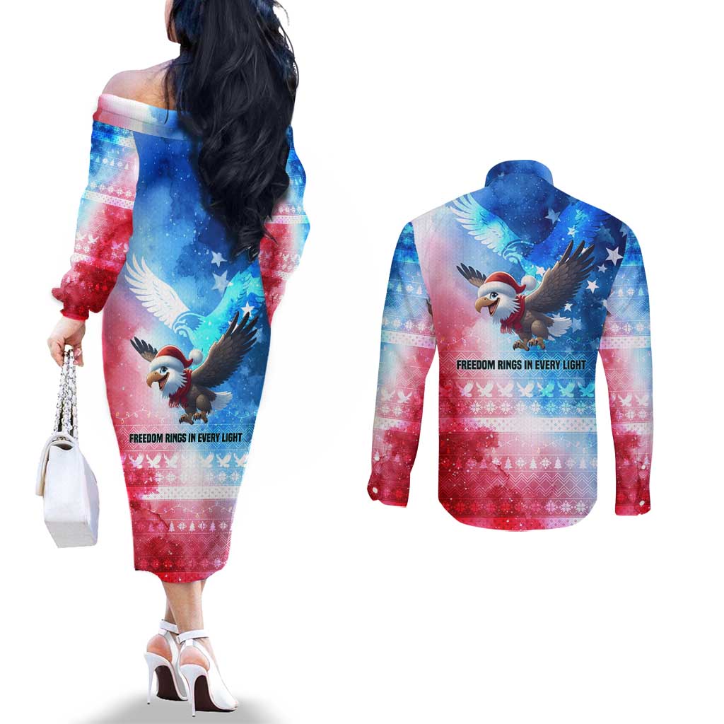 USA Christmas Couples Matching Off The Shoulder Long Sleeve Dress and Long Sleeve Button Shirt with Santa Eagle Red White Blue Snowflake Pattern and American Flag - Wonder Print Shop