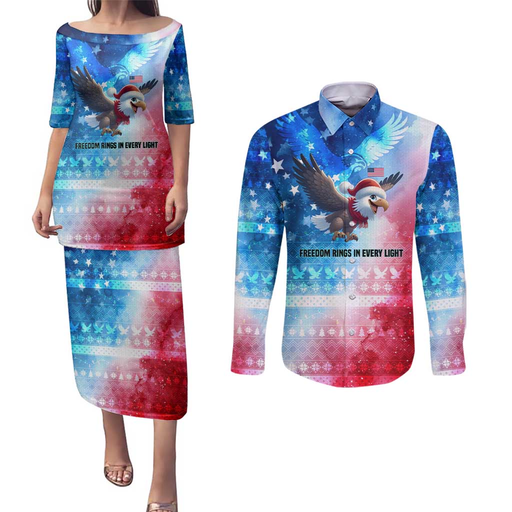 USA Christmas Couples Matching Puletasi and Long Sleeve Button Shirt with Santa Eagle Red White Blue Snowflake Pattern and American Flag - Wonder Print Shop
