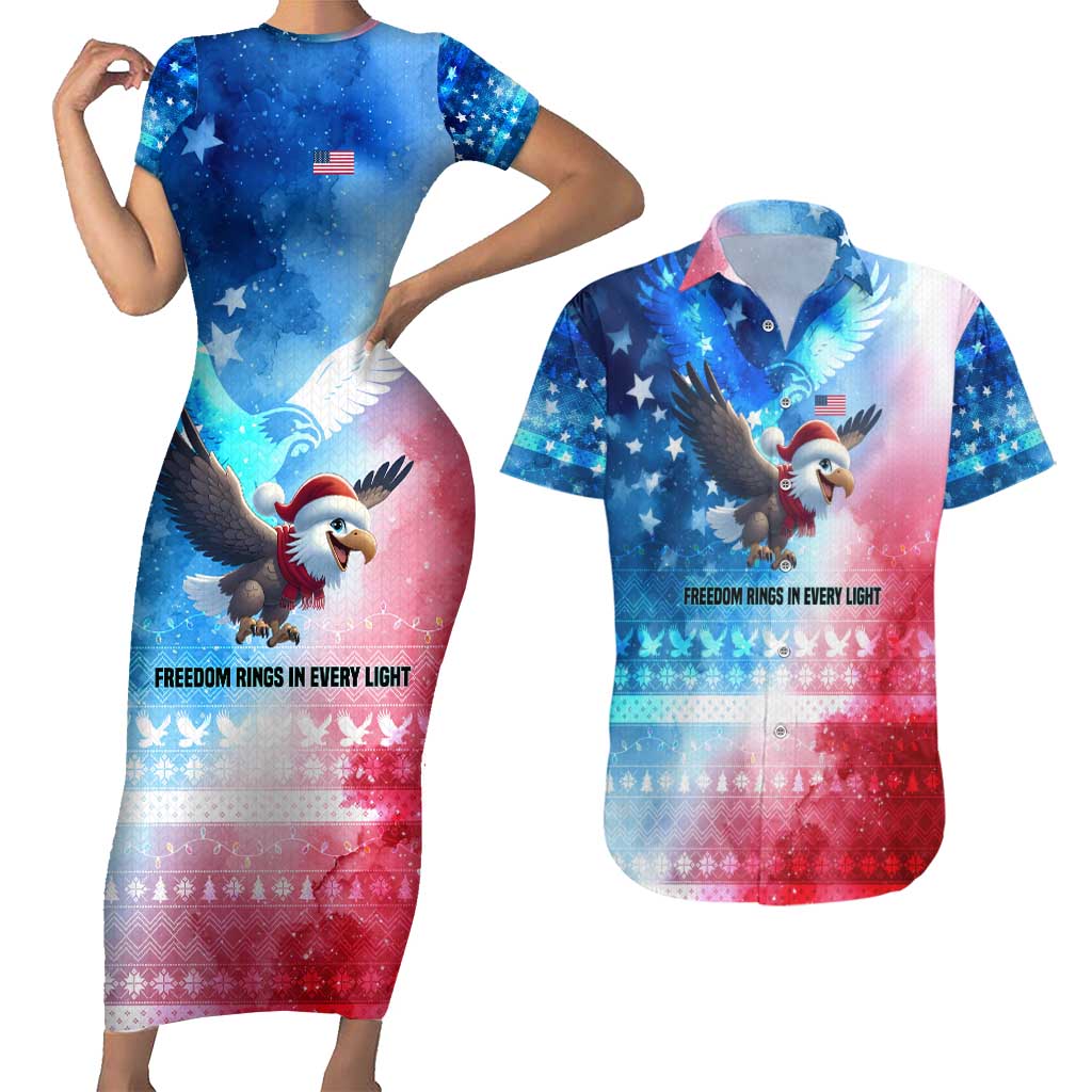 USA Christmas Couples Matching Short Sleeve Bodycon Dress and Hawaiian Shirt with Santa Eagle Red White Blue Snowflake Pattern and American Flag - Wonder Print Shop