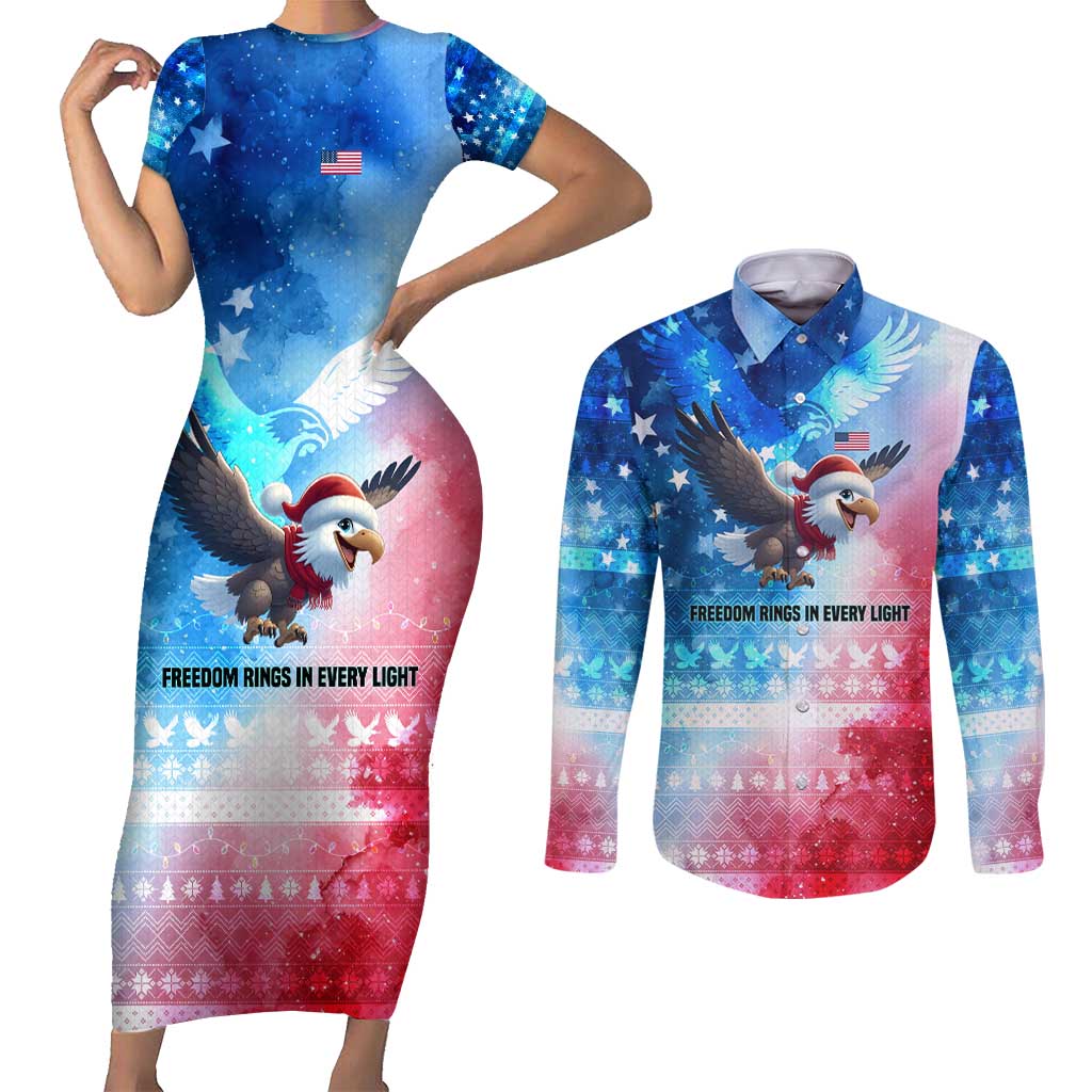 USA Christmas Couples Matching Short Sleeve Bodycon Dress and Long Sleeve Button Shirt with Santa Eagle Red White Blue Snowflake Pattern and American Flag - Wonder Print Shop