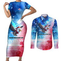 USA Christmas Couples Matching Short Sleeve Bodycon Dress and Long Sleeve Button Shirt with Santa Eagle Red White Blue Snowflake Pattern and American Flag - Wonder Print Shop