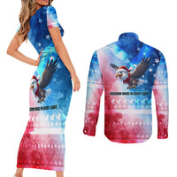 USA Christmas Couples Matching Short Sleeve Bodycon Dress and Long Sleeve Button Shirt with Santa Eagle Red White Blue Snowflake Pattern and American Flag - Wonder Print Shop