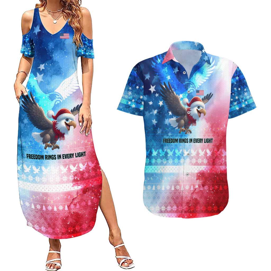 USA Christmas Couples Matching Summer Maxi Dress and Hawaiian Shirt with Santa Eagle Red White Blue Snowflake Pattern and American Flag - Wonder Print Shop