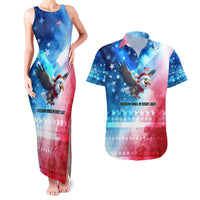 USA Christmas Couples Matching Tank Maxi Dress and Hawaiian Shirt with Santa Eagle Red White Blue Snowflake Pattern and American Flag - Wonder Print Shop