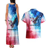 USA Christmas Couples Matching Tank Maxi Dress and Hawaiian Shirt with Santa Eagle Red White Blue Snowflake Pattern and American Flag - Wonder Print Shop