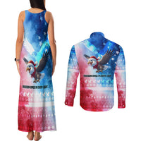 USA Christmas Couples Matching Tank Maxi Dress and Long Sleeve Button Shirt with Santa Eagle Red White Blue Snowflake Pattern and American Flag - Wonder Print Shop