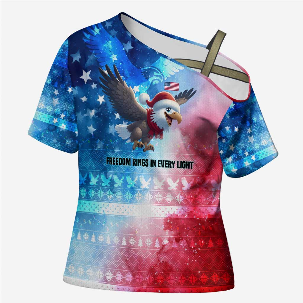 USA Christmas Cross Shoulder Shirt with Santa Eagle Red White Blue Snowflake Pattern and American Flag - Wonder Print Shop