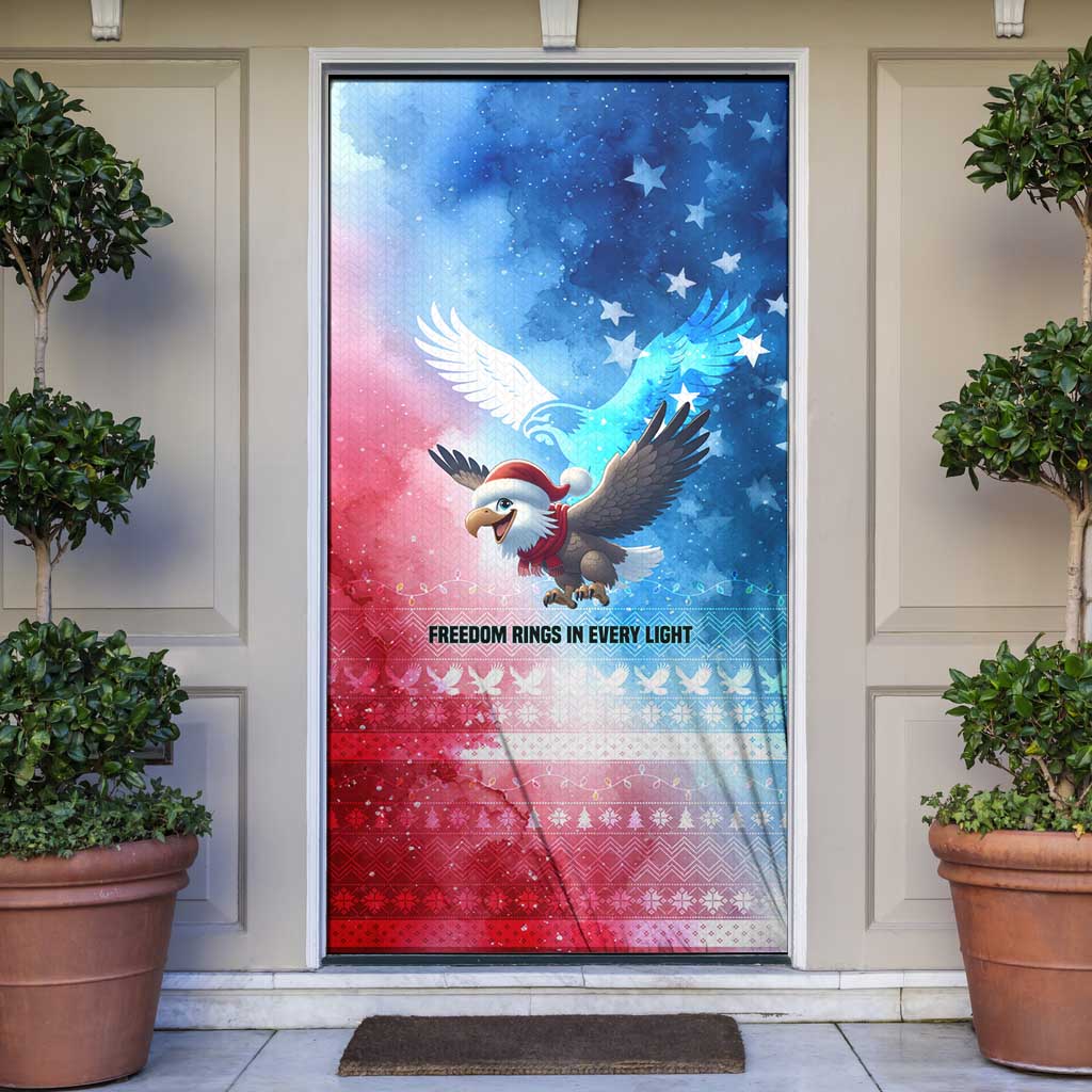 USA Christmas Door Cover with Santa Eagle Red White Blue Snowflake Pattern and American Flag - Wonder Print Shop