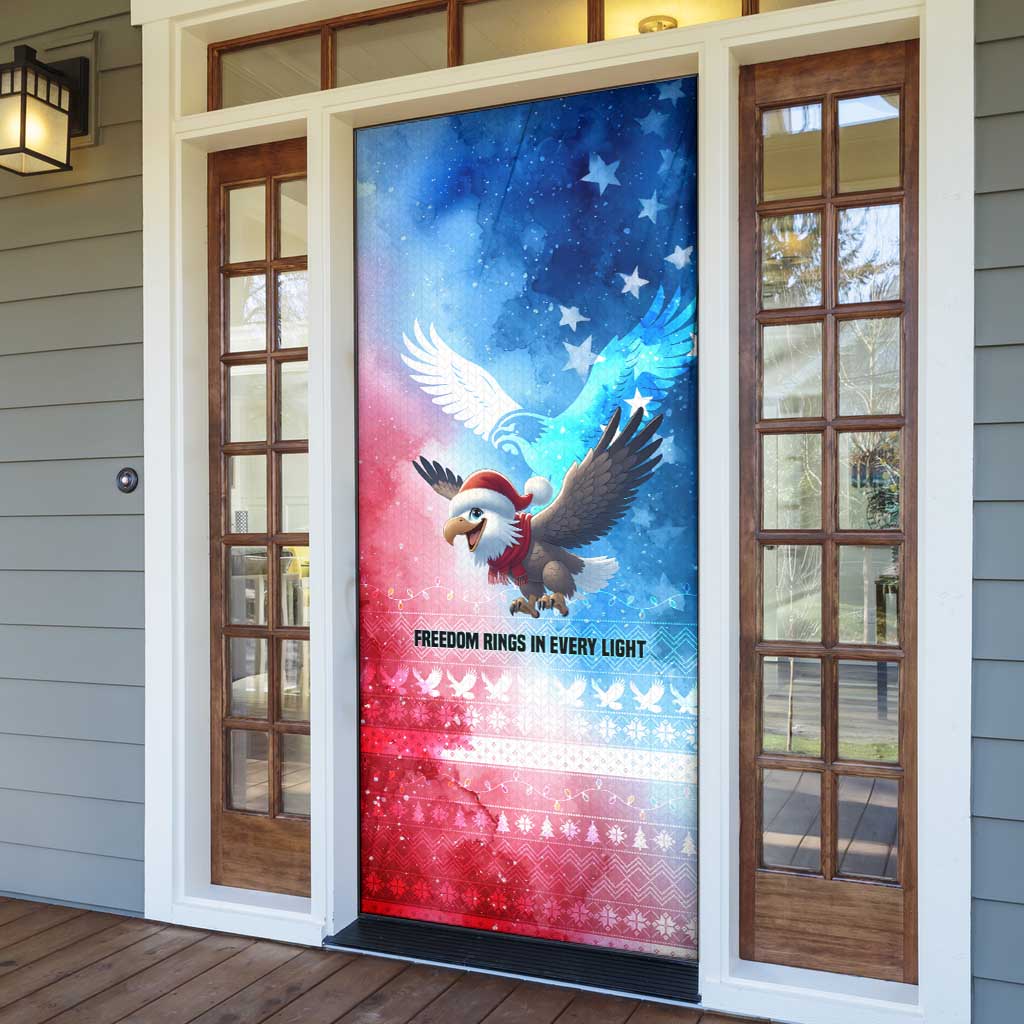 USA Christmas Door Cover with Santa Eagle Red White Blue Snowflake Pattern and American Flag - Wonder Print Shop
