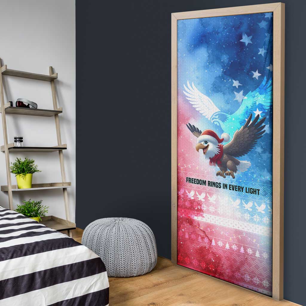 USA Christmas Door Cover with Santa Eagle Red White Blue Snowflake Pattern and American Flag - Wonder Print Shop