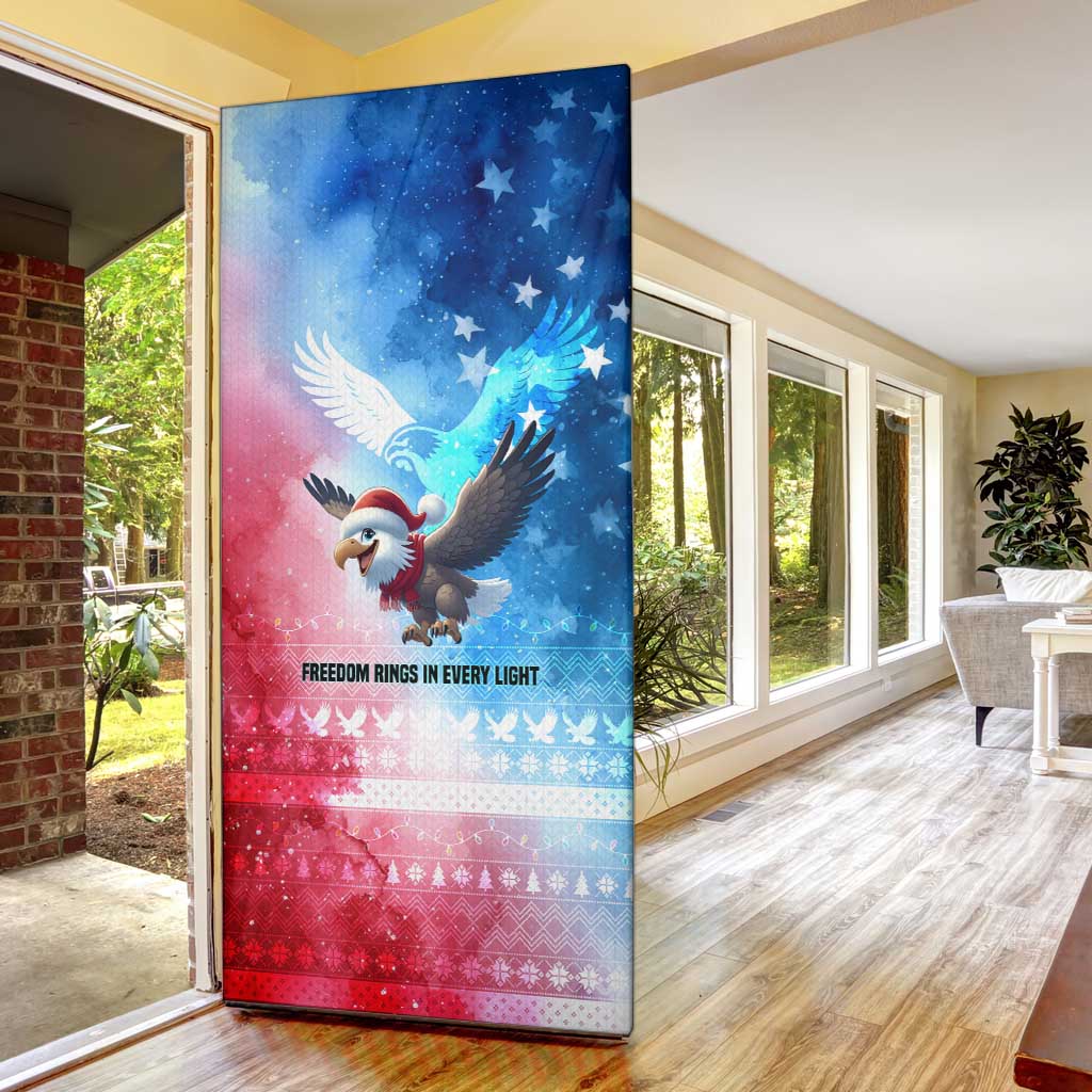 USA Christmas Door Cover with Santa Eagle Red White Blue Snowflake Pattern and American Flag - Wonder Print Shop