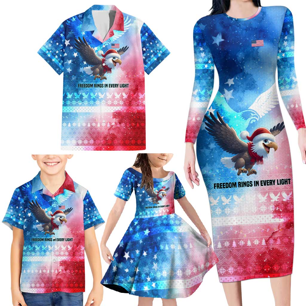 USA Christmas Family Matching Long Sleeve Bodycon Dress and Hawaiian Shirt with Santa Eagle Red White Blue Snowflake Pattern and American Flag - Wonder Print Shop