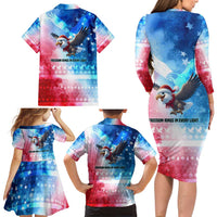 USA Christmas Family Matching Long Sleeve Bodycon Dress and Hawaiian Shirt with Santa Eagle Red White Blue Snowflake Pattern and American Flag - Wonder Print Shop