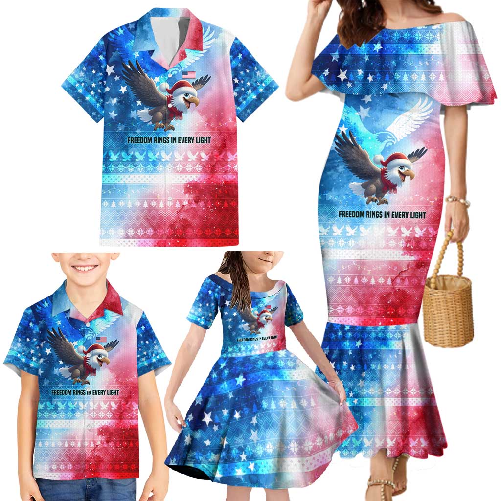 USA Christmas Family Matching Mermaid Dress and Hawaiian Shirt with Santa Eagle Red White Blue Snowflake Pattern and American Flag - Wonder Print Shop
