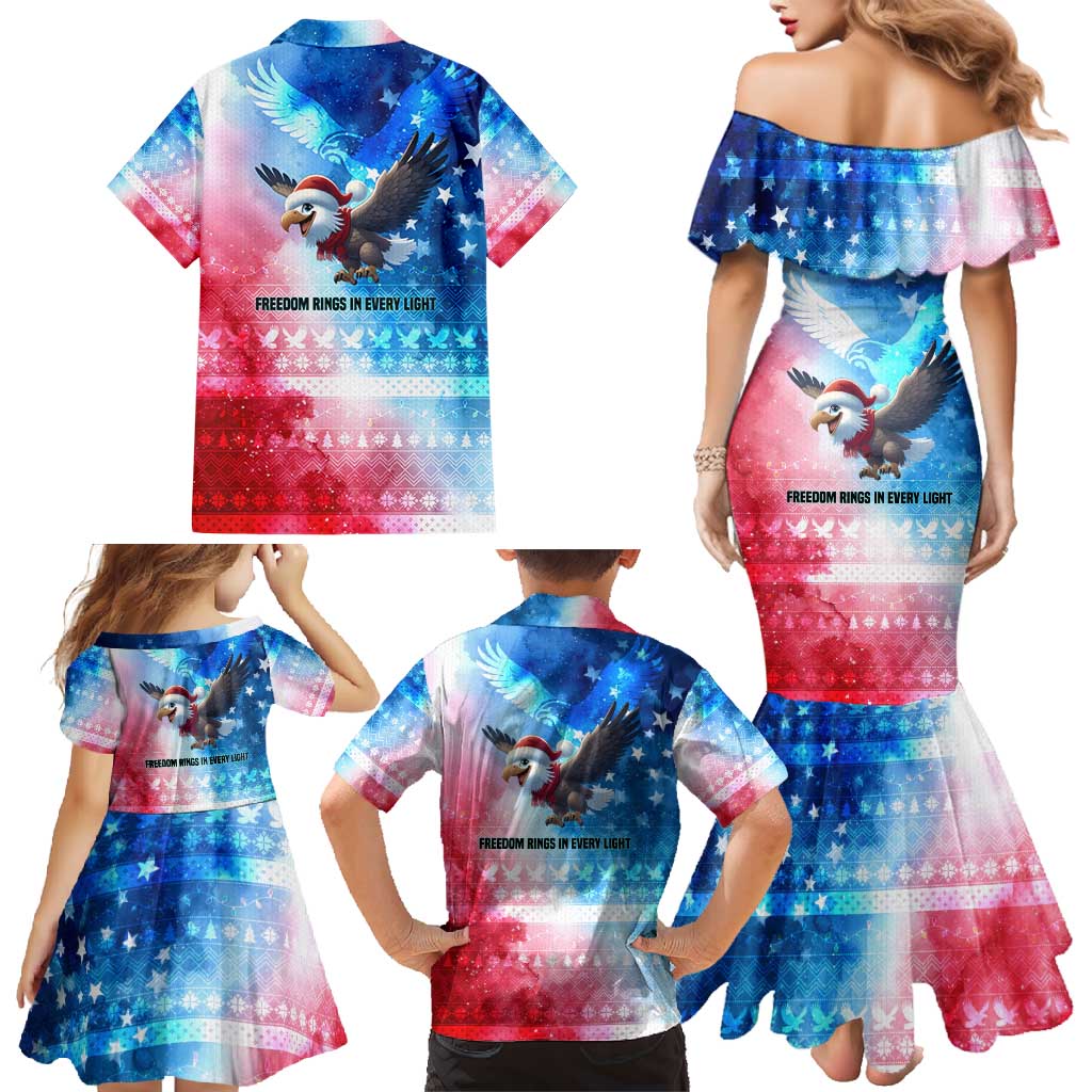 USA Christmas Family Matching Mermaid Dress and Hawaiian Shirt with Santa Eagle Red White Blue Snowflake Pattern and American Flag - Wonder Print Shop