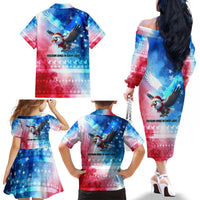 USA Christmas Family Matching Off The Shoulder Long Sleeve Dress and Hawaiian Shirt with Santa Eagle Red White Blue Snowflake Pattern and American Flag - Wonder Print Shop