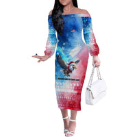 USA Christmas Family Matching Off The Shoulder Long Sleeve Dress and Hawaiian Shirt with Santa Eagle Red White Blue Snowflake Pattern and American Flag - Wonder Print Shop