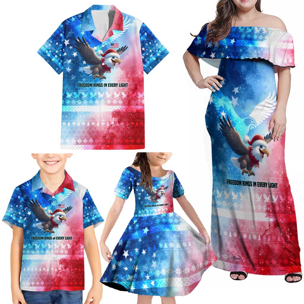 USA Christmas Family Matching Off Shoulder Maxi Dress and Hawaiian Shirt with Santa Eagle Red White Blue Snowflake Pattern and American Flag - Wonder Print Shop