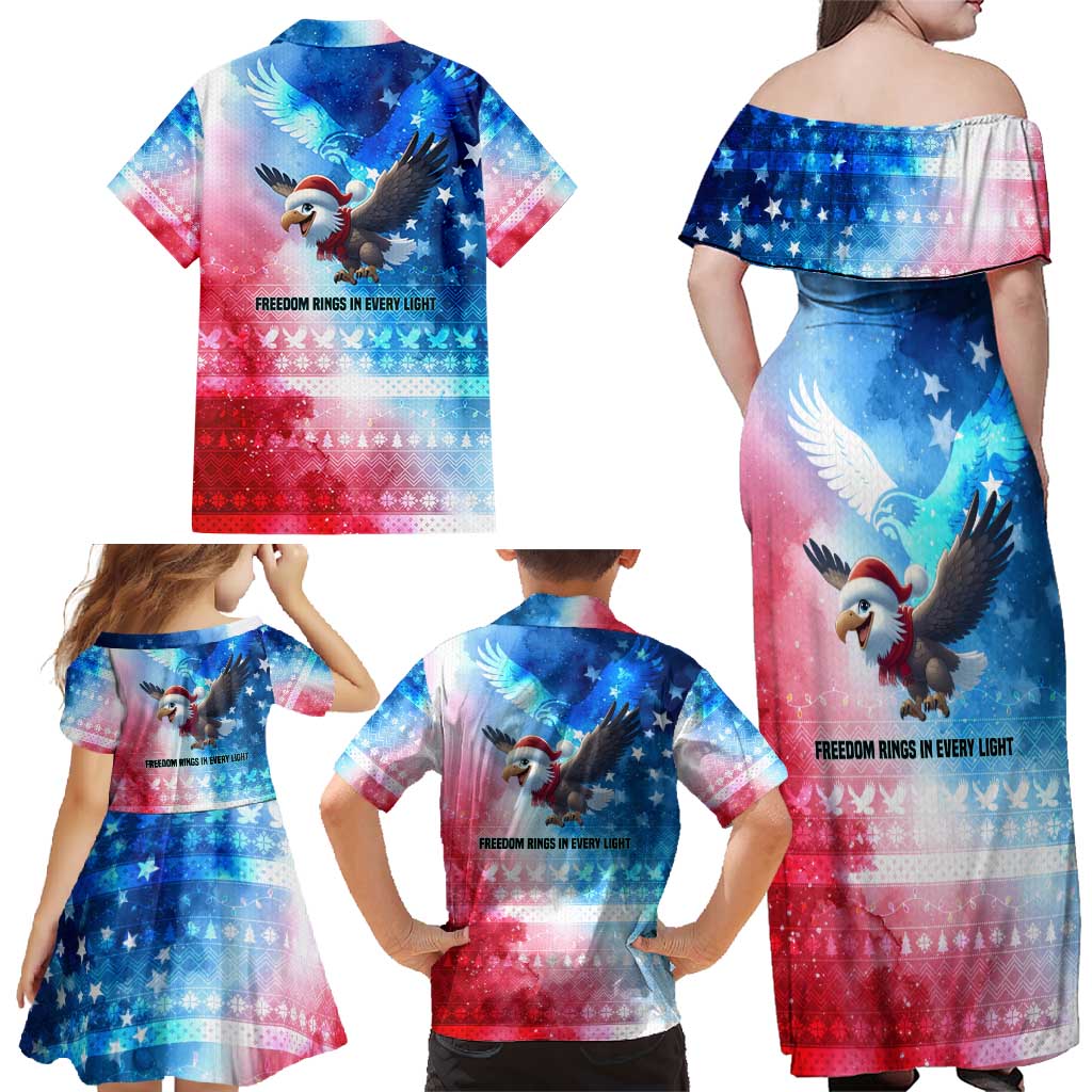 USA Christmas Family Matching Off Shoulder Maxi Dress and Hawaiian Shirt with Santa Eagle Red White Blue Snowflake Pattern and American Flag - Wonder Print Shop