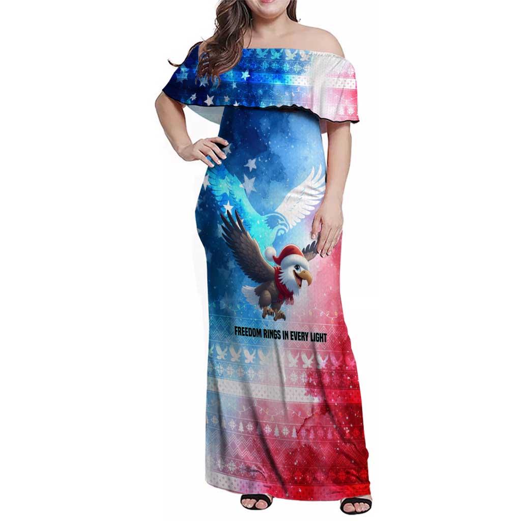 USA Christmas Family Matching Off Shoulder Maxi Dress and Hawaiian Shirt with Santa Eagle Red White Blue Snowflake Pattern and American Flag - Wonder Print Shop