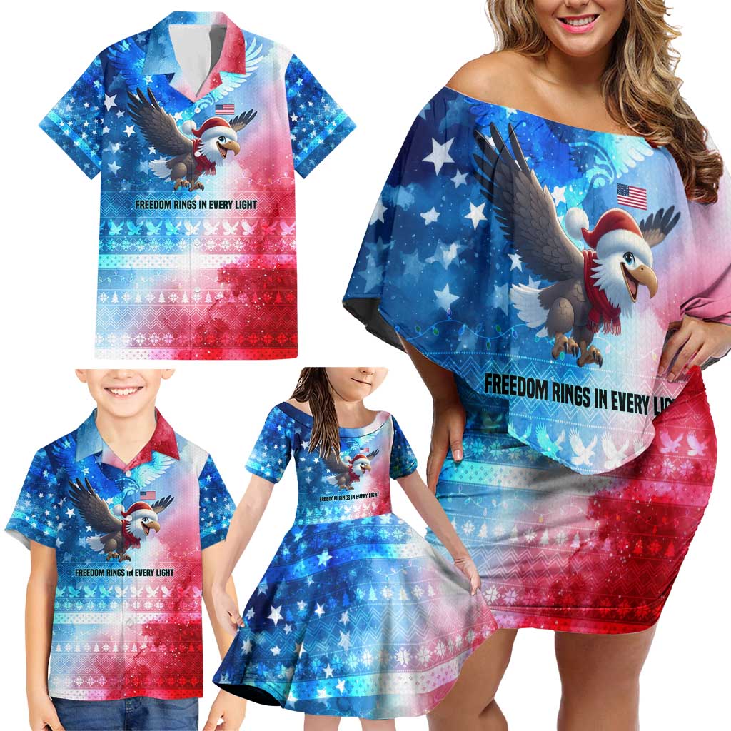 USA Christmas Family Matching Off Shoulder Short Dress and Hawaiian Shirt with Santa Eagle Red White Blue Snowflake Pattern and American Flag - Wonder Print Shop