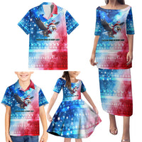 USA Christmas Family Matching Puletasi and Hawaiian Shirt with Santa Eagle Red White Blue Snowflake Pattern and American Flag - Wonder Print Shop