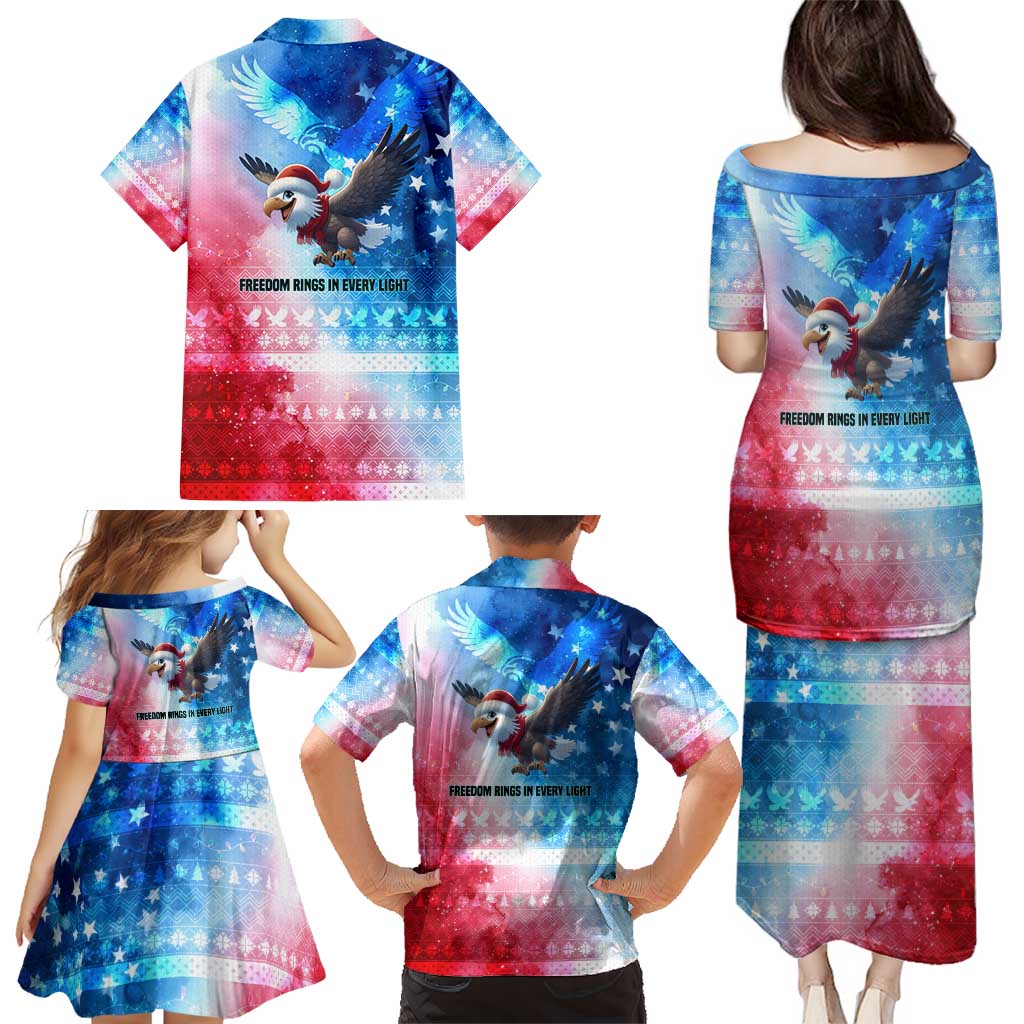 USA Christmas Family Matching Puletasi and Hawaiian Shirt with Santa Eagle Red White Blue Snowflake Pattern and American Flag - Wonder Print Shop