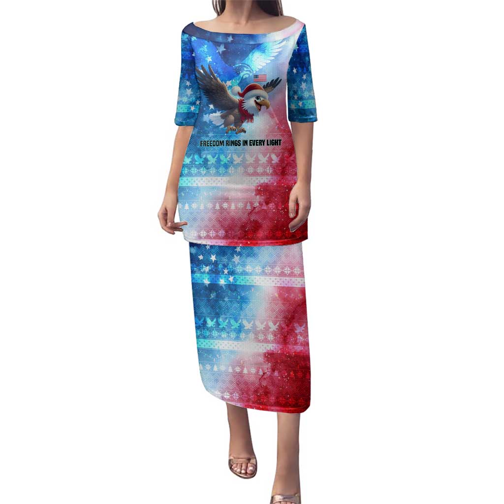 USA Christmas Family Matching Puletasi and Hawaiian Shirt with Santa Eagle Red White Blue Snowflake Pattern and American Flag - Wonder Print Shop