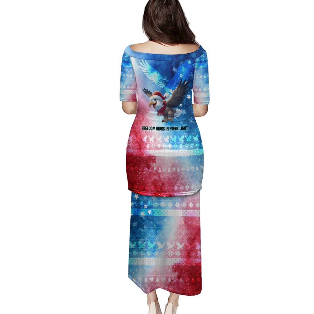 USA Christmas Family Matching Puletasi and Hawaiian Shirt with Santa Eagle Red White Blue Snowflake Pattern and American Flag - Wonder Print Shop