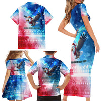 USA Christmas Family Matching Short Sleeve Bodycon Dress and Hawaiian Shirt with Santa Eagle Red White Blue Snowflake Pattern and American Flag - Wonder Print Shop